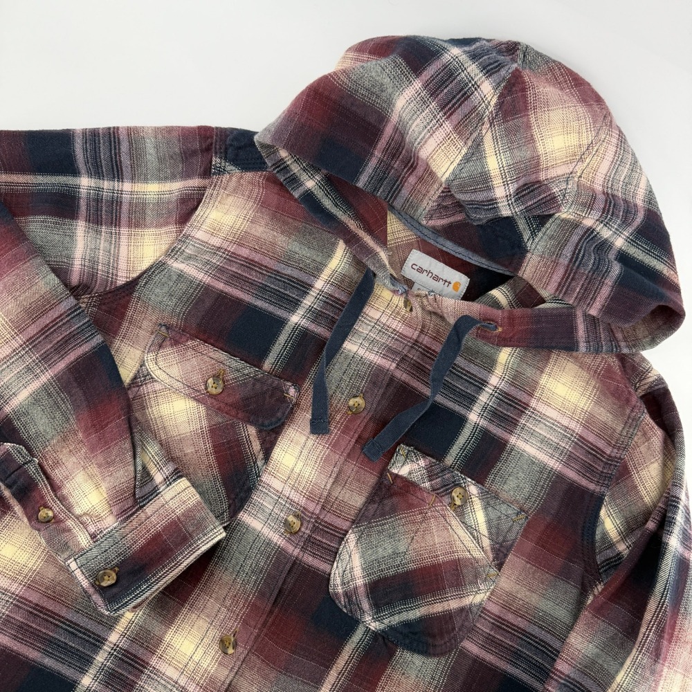Carhartt Hooded Flannel Shirt Womens S Burgundy Plaid Button Front Utility Work